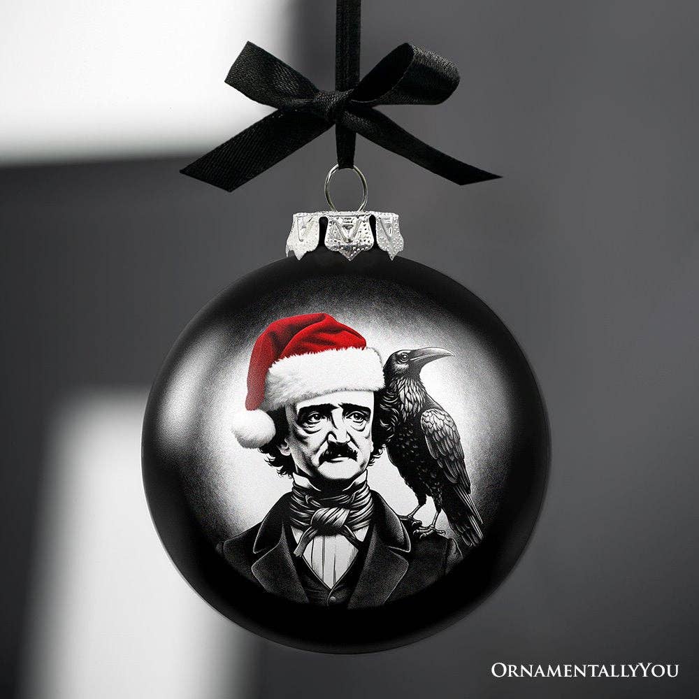 Edgar Allan Poe Spooky Christmas Portrait Glass Ornament