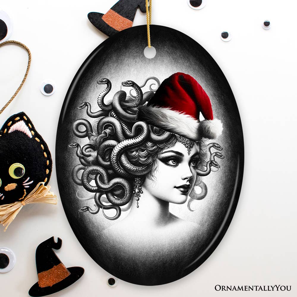 Bewitching Medusa with Santa Hat Ornament, Halloween Decor